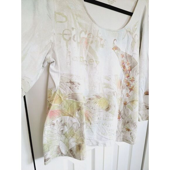 By Chico's 3 T-Shirt 3/4 Sleeve Neutral Fall Colors Beaded Cotton Blend Stretch - Picture 5 of 8